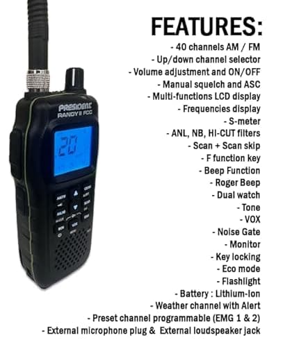 President Randy II FCC - First FCC Approved AM/FM Handheld CB Radio with NOAA Weather Channel, ANL Filter, ASC, Scan Skip, VOX Built-in, 7-Color LCD Dispplay 5