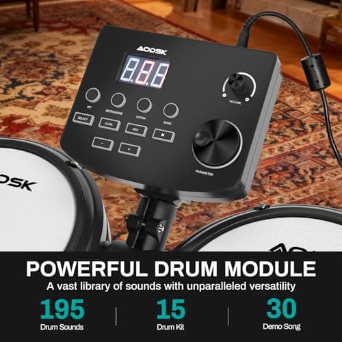 AODSK Electric Drum Set with Quiet Mesh Pads,Electronic Drum for Beginner,USB MIDI,Throne,Headphones,Sticks, Included 15 Kits and 195 Sounds (AED-403-Teenagers Beginners) 2