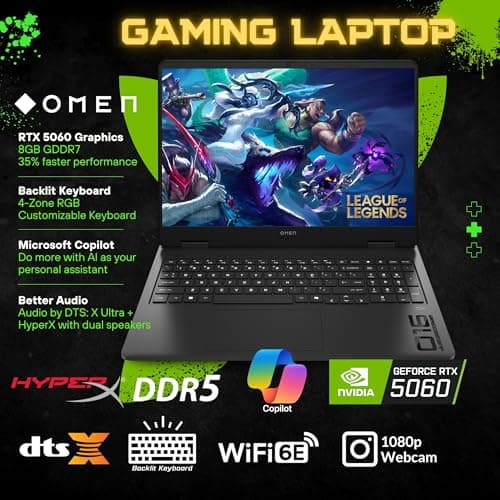 HP OMEN 16 Gaming Laptop, 144Hz 2K Display, Ryzen 9 8940HX(>i9-13900H, 5.3 GHz), GeForce RTX 5060, RGB Backlit Keyboard, Copilot+ PC, VR Ready, WiFi 6E, Windows 11 Home, Black(32GB DDR5 RAM | 1TB SSD) 5