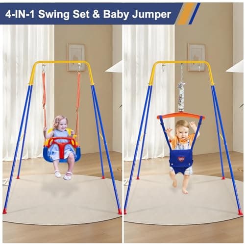 Toddler Swing Set, 3-in-1 Baby Swing Outdoor/Indoor, Toddler Swing&Jumper with Foldable Metal Stand, Baby Swing Outdoor for Aged 6 Months to 10 Years Old 3