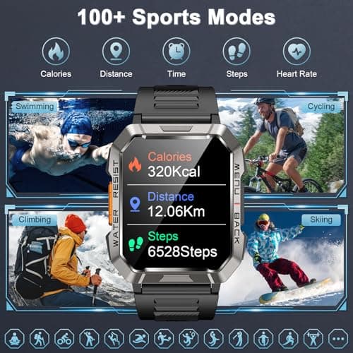 Military Smart Watch for Men(Answer/Make Call), Outdoor Sports Smartwatch with Flashlight/100 Days Battery/Compass/Heart Rate/SpO2/Sleep Monitor/2 Straps, Fitness Tracker for iPhone/Android Phones 4