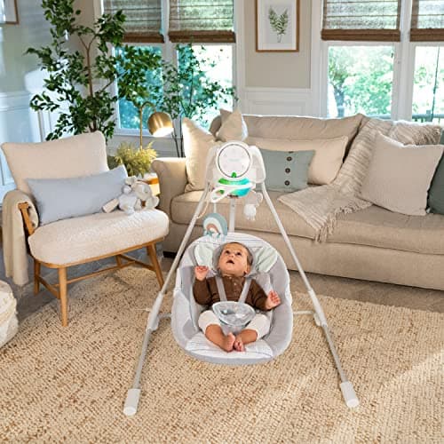 Ingenuity InLighten 5-Speed Baby Swing - Swivel Infant Seat, 5 Point Safety Harness, Nature Sounds, Lights - Van Elephant 2