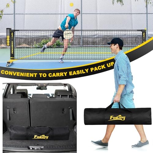 Pickleball Net with Wheels, Portable 2-in-1 Pickle Ball Net with Ball Collector,22FT Regulation Size & 11FT Half Court Size, Carry Bag, Steady Metal Frame for Outdoor Indoor Driveway (Black&Yellow) 4