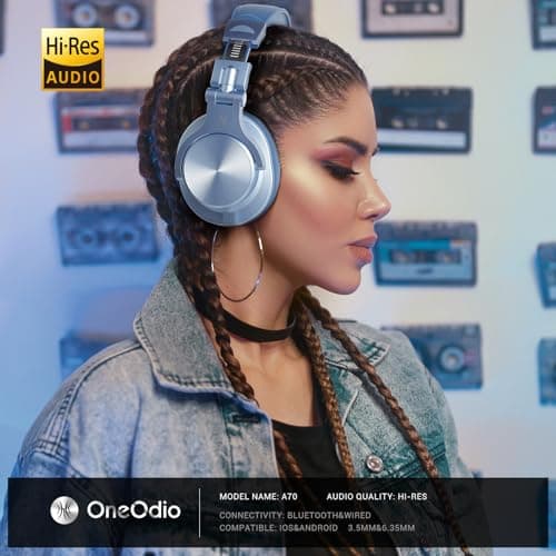 OneOdio A70 Bluetooth Over Ear Headphones, Wireless Headphones w/ 72H Playtime, Hi-Res, 3.5mm/6.35mm Wired Audio Jack for Studio Monitor & Mixing DJ Guitar AMP, Computer Laptop PC Tablet - Sky Blue 2