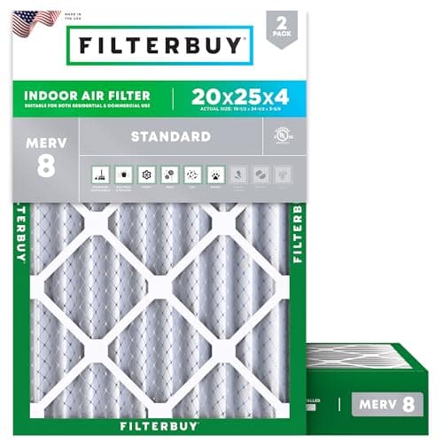 Filterbuy 20x25x4 Air Filter MERV 8 Essential Dust & Allergy Defense (2-Pack), Electrostatic Pleated HVAC AC Furnace Filters Replacement, Made in USA (Actual Size: 19.50 x 24.50 x 3.63)