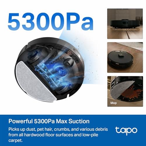 Tapo Ultra-Slim LiDAR Smart Navigation Robot Vacuum and Mop with Self-Emptying Dock, 5300Pa Max, 97%+ Dust Pickup Rate, Self-Charging, Compatible with Alexa & Google Home, RV20 Max Plus 3