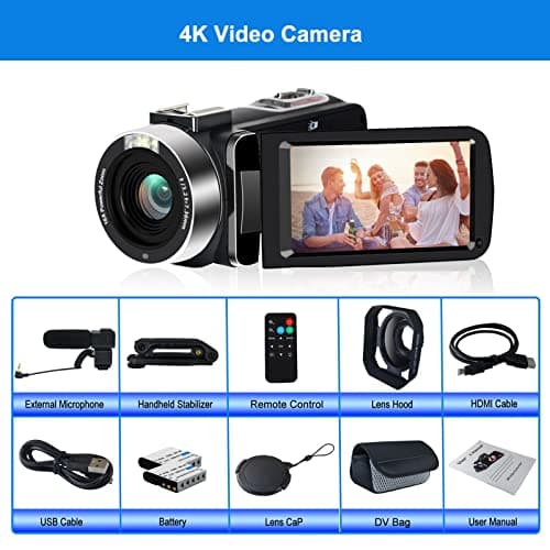 4K Video Camera, Camcorder 48MP Ultra HD WiFi Vlogging Camera for YouTube 18X Zoom 3.0" Touch Screen Digital Camera with Microphone, Stabilizer, Lens Hood, Remote, 2 Batteries 7
