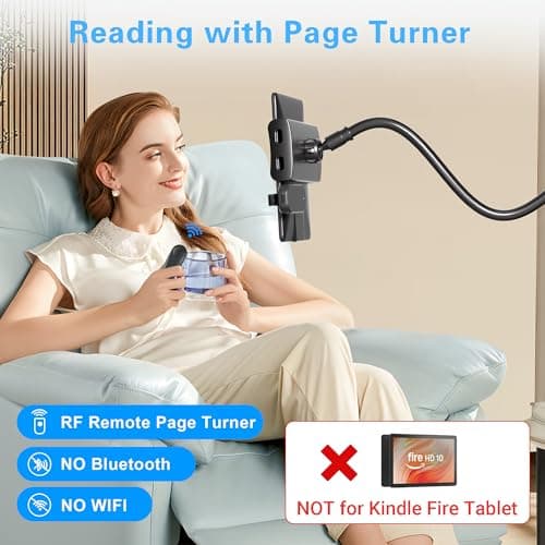 Kefotic Gooseneck Tablet Holder for Kindle Reading in Bed with Page Turner Remote, Hands Free Desk Bedside Lazy Arm Stand for Kindle Accessories, Gifts for Readers 2