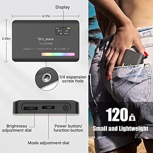 VIJIM VL120 RGB Video Light, Portable LED Camera Light Panel 0-360 Full Color, CRI 95+ 2500-9000K LED 3100mAh Rechargeable DSLR Lighting for Vlogging, Photography, Video Conference 5