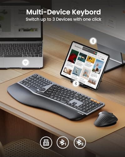 Backlit Bluetooth Ergonomic Keyboard, ProtoArc EK01 Plus Full Size Wireless Split Keyboard with Dual Bluetooth and USB, Cushioned Wrist Rest, Rechargeable for Windows/Mac/Android, Grey Black 3