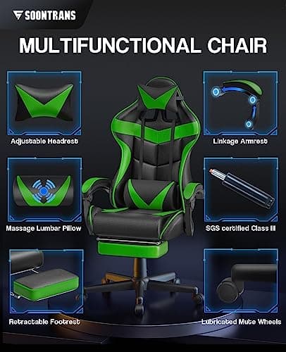Soontrans Green Gaming Chair with Footrest,Racing Gaming Chair,Computer Gamer Chair,Ergonomic Game Chair with Adjustable Headrest and Lumbar Support(Jungle Green) 3
