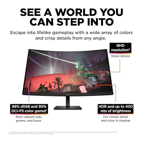 HP OMEN 32c QHD 165Hz Curved Gaming Monitor, QHD Display (2560 x 1440), VA Panel, 99% sRGB, 90% DCI-P3, 16:9, AMD FreeSync Premium Technology, 32c (2023) 3