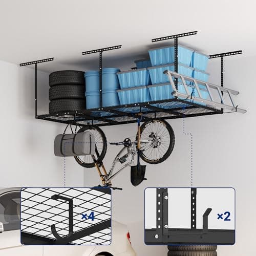 FLEXIMOUNTS 4x8 Overhead Garage Storage Rack w/Hooks Adjustable Ceiling Storage Rack, 96" Length x 48" Width x 40" Height, 22''-40" Ceiling Dropdown, Black, Classic Series 3
