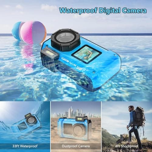 SPUNALP UHD 8K Underwater Camera, 70MP 33FT WiFi Waterproof Digital Camera with 64GB Card, Auto Focus Waterproof Dual-Screen Selfie 2500mAh Battery, 18X Floatable Digital for Snorkeling, Blue 4
