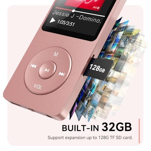 AGPTEK A02 MP3 Player with Bluetooth 5.3, 1.8 inch Screen Portable Music Player with Speaker, FM Radio, Voice Recorder, Supports Expanded Up to 128GB(Rose Gold, 32GB) 5