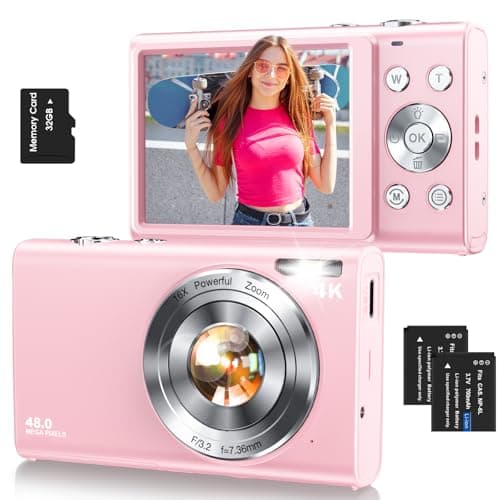 Digital Camera,Autofocus 4K Vlogging Camera for Photography with 32GB Card,48MP Portable Compact Point and Shoot Digital Camera for Teens Adult Beginner with 16X Zoom,Anti-Shake,2 Batteries(Pink)