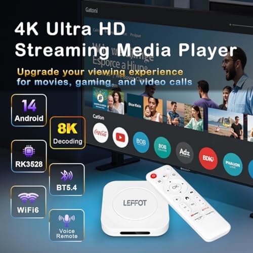 Android 14 TV Box 2025, LEFFOT M1 Plus 4K Ultra HD Streaming Device for TV, 4GB RAM + 128GB ROM, Android Box with Google Assistant Voice Remote, HDR 10, 2.4G & 5G WiFi 6, BT 5.4, RK3528 Quad-Core A53 2