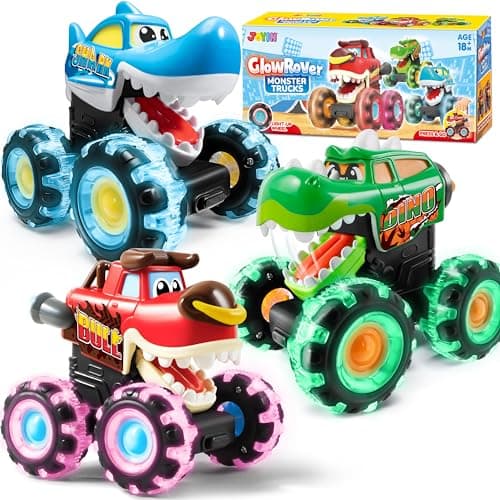 JOYIN 3 Pack Monster Truck Toy - Motion Activated Light Up Cars for Toddlers - Monster Glow Rover LED Wheels - Baby Boy Toys - Press and Go Dinosaur Trucks for Kids Boys Birthday Gifts for Christmas
