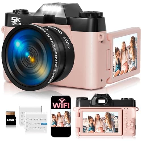 5K Digital Camera for Photography,UHD 75MP WiFi Vlogging Camera for YouTube,Compact Camera with 3" 180°Flip Screen,64GB SD Card,16X Digital Zoom,2 Batteries,Perfect for Beginners and Teens,Pink
