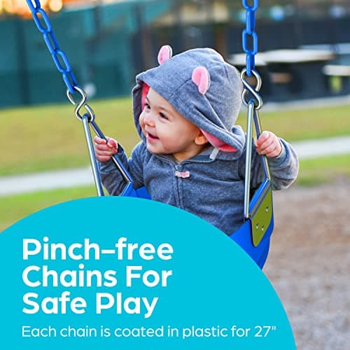 Jungle Gym Kingdom Toddler Swing - Heavy Duty, High Back, Full Bucket Baby Swing Seat with Coated Chains for Outdoor Use - Fully Assembled - Blue 2
