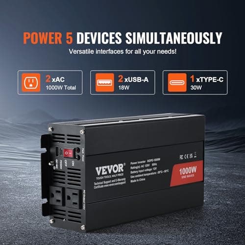 VEVOR 1000W Pure Sine Wave Inverter, DC 12V to AC 120V Power Inverter with 2 AC Outlets 1 USB Port 1 Type-C Port, Remote Control for Small Home Devices Like Smartphone Laptop, CE FCC Certified 4