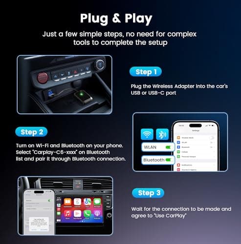 Lincisoonic Wireless CarPlay Adapter for iPhone – Plug-and-Play with USB-A Extension & USB-C Connector, Zero Latency, Compatible with 2016+ Cars & iOS 10+ 3