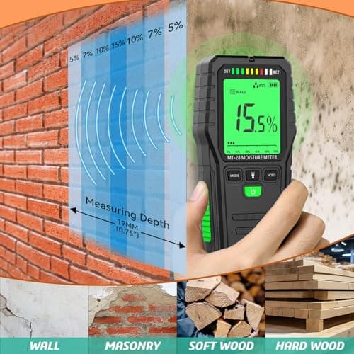 RDINSCOS Pinless Moisture Meter for Leak Detection, Water Damage Detector for Wood, Drywall, Concrete & Building Materials – Easy Calibration, Data Hold, and Flashlight – Moisture Tester for Basement 2