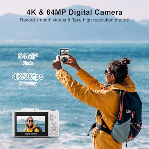 4K Digital Camera for Photography, 64MP Vlogging Camera for YouTube with 3" 180° Flip Screen, 18X Digital Zoom Point and Shoot Camara with 32GB Micro SD Card for Beginner (White) 2