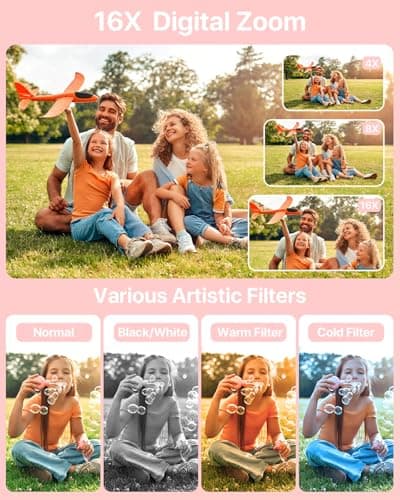 Digital Camera, Kids Camera with 32GB Card, FHD 1080P 44MP Vlogging Camera, 16X Zoom Point and Shoot Digital Camera Compact Portable Rechargeable Cameras for Teens Boys Girls Students Seniors-Pink 4