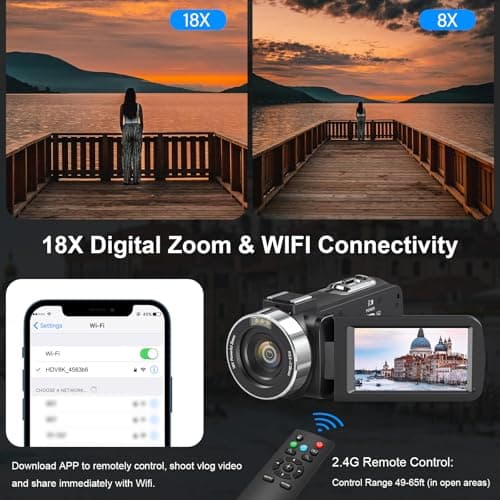 8K Video Camera Camcorder 64MP YouTube Vlogging Cameras IR Night Vision WiFi Webcam Camcorders with 18X Digital Zoom 3.0”Touch Screen Stabilizer, Mic, 64G SD Card, Remote Control and 2 Batteries 3