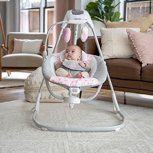 Ingenuity SimpleComfort Lightweight Compact 6-Speed Multi-Direction Baby Swing, Vibrations & Nature Sounds, 0-9 Months 6-20 lbs (Pink Cassidy) 2