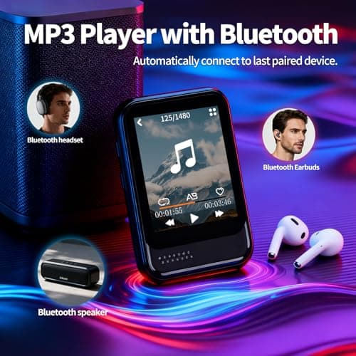 MP3 Player with Bluetooth,Mini MP3 Player with Speaker,Built-in Micro SD Card Slot,Portable Music Player with FM Radio,Video,Voice Recorder,Earphones, for Kids,Sports and Gifts,Max 512GB Expand 2