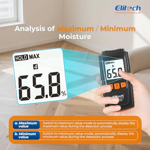 Elitech Digital Moisture Meter Water Leak Detector with Pin Probes, Moisture Tester for Wood Floors Walls with 4 Wood & Material Modes, Hold Function, Max/Min Reading MOT-270W 4
