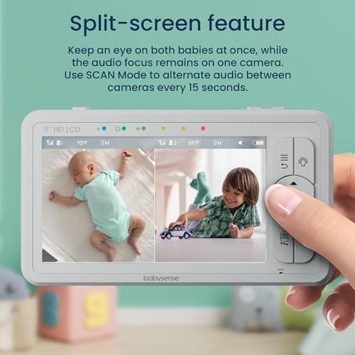 Babysense 5" HD Split-Screen Baby Monitor, Video Baby Monitor with 2 Cameras and Audio, Night Light, 1000ft Range, Two-Way Audio, 4X Zoom, Night Vision, 4000mAh Battery 2