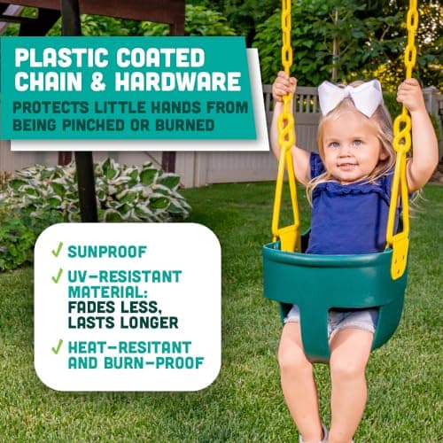 Premium High Back Full Bucket Toddler Swing Seat with Finger Grip, Plastic Coated Chains and Carabiners for Easy Install - Green - Squirrel Products 5