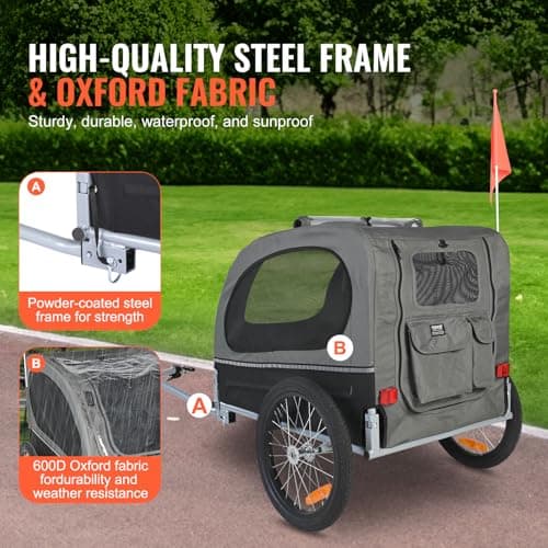VEVOR Dog Bike Trailer, Supports up to 88 lbs, Pet Cart Bicycle Carrier, Easy Folding Frame with Quick Release Wheels, Universal Bicycle Coupler, Reflectors, Flag, Collapsible to Store, Black/Gray 3
