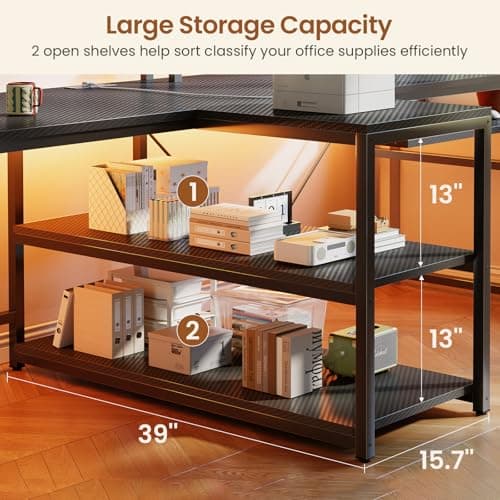 SEDETA 94.5" Gaming Computer Desk, 2 Person Office Desk with Storage, LED Lights, Power Strip, Long Desks with Keyboard Tray & Monitor Stand for Home Office, Carbon Fiber Black 3