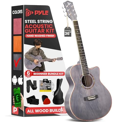 Pyle Acoustic Guitar Kit, 3/4 Junior Size All Wood Steel String Instrument for Beginner Kids, Adults, 36" Dusk Gray Matte