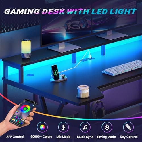 SEDETA Gaming Desk 70.8'' with LED Lights and Storage Shelves, Computer Desk with Monitor Stand, Power Outlets and Cup Holder, Large PC Gamer Desk, Gaming Table for Bedroom, Living Room, Black 3
