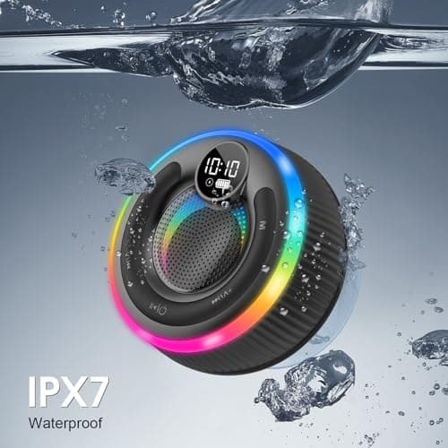 Bluetooth Speaker, Shower Speaker Stereo Sound, IPX7 Waterproof Speakers, Digital Display Portable Speaker with Suction Cup, LED Light, Small Wireless Speakers for Outdoor Party Beach Bathroom, Black 4