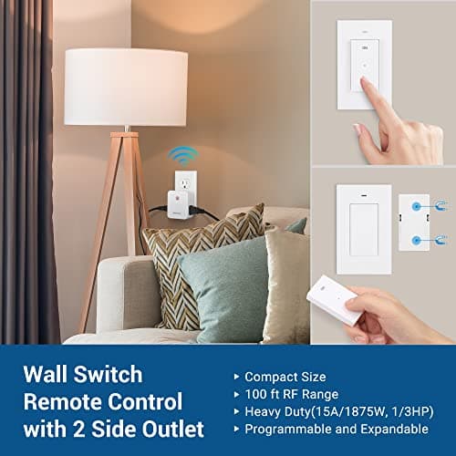 DEWENWILS Remote Control Outlet, Wireless Light Switch with 2 Side Outlets, 100 FT Range Remote Outlet Switch for Lamp, Christmas Decoration, No Wiring, 15A/1875W, Compact Design, Programmable 2