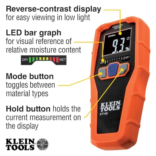 Klein Tools ET140 Pinless Moisture Meter for Non-Destructive Moisture Detection in Drywall, Wood, and Masonry; Detects up to 3/4-Inch Below Surface 3