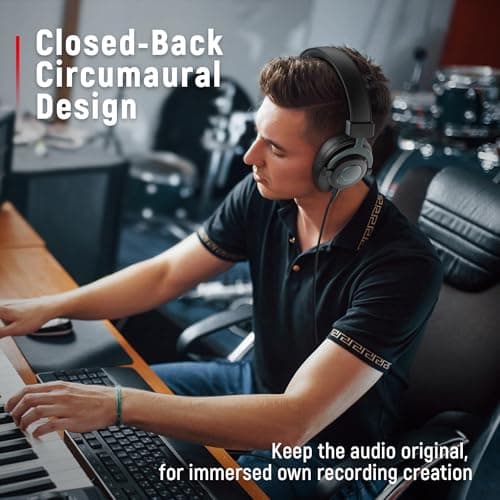 FIFINE Studio Monitor Headphones for Recording, Wired Headphones with 50mm Driver, Over Ear Headset with Detachable Cables 3.5mm or 6.35mm Jack, Black, on PC/Mixer/Amplifier-H8 3