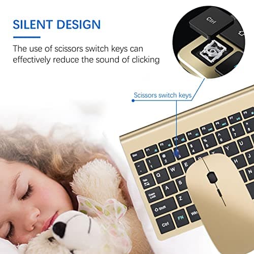 Wireless Keyboard and Mouse Ultra Slim Combo, TopMate 2.4G Silent Compact USB 2400DPI Mouse and Scissor Switch Keyboard Set with Cover, Batteries Included, for PC/Laptop/Windows/Mac - Gold Black 2