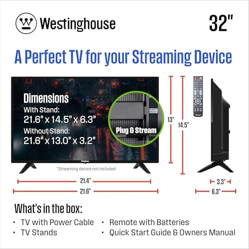 Westinghouse 32 Inch TV, HD LED Small Flat Screen Non-Smart Television, Works with Fire Stick, Roku, Apple TV, TiVo, Xumo, and Streaming Devices 3