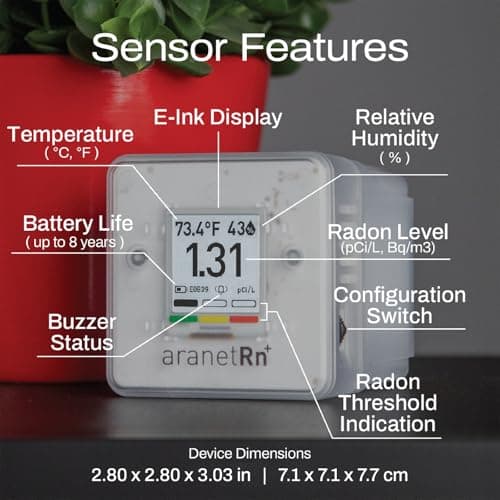 SAF Aranet Radon Detector for Home: 10-Min Measurement, Temperature, Relative Humidity, Pressure, E-Ink Display, 7-Year Battery, Portable with Free App, Bq/m3 & pCi/L Selectable 5