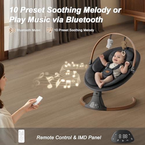 Baby Swings for Infants, Monamii Baby Swing, Bluetooth Infant Swing with Music Speaker, 5 Speeds and Remote Control, Indoor & Outdoor Use (Black) 5