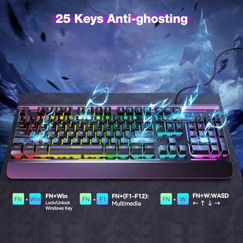 TECKNET Gaming Keyboard, USB Wired Computer Keyboard, 15-Zone RGB Illumination, IP32 Water Resistance, 25 Anti-ghosting Keys, All-Metal Panel (Whisper Quiet Gaming Switch) 5