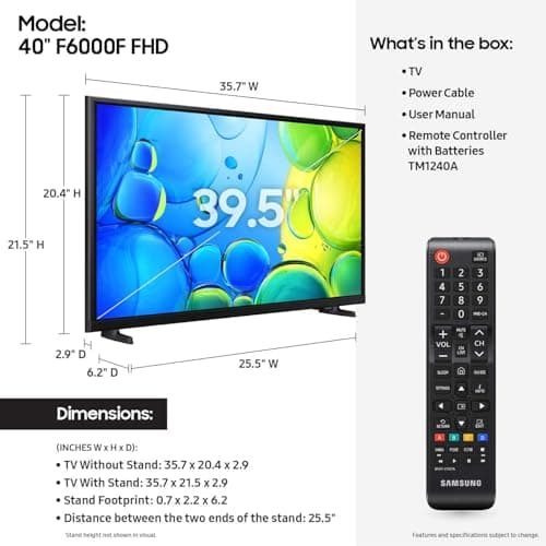 SAMSUNG 40-Inch Class Full HD F6000 Smart TV (2025 Model) HDR, Object Tracking Sound Lite, Knox Security, One UI Tizen, Smart TV 2