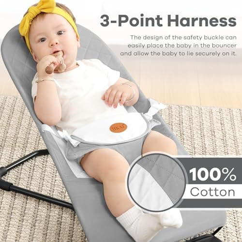 HKAI Baby Bouncer, Portable Baby Bouncer Seat for Babies 0-18 Months, 100% Cotton Fabrics, 3 Modes of use with Rocker and Stationary Options, Infant Rocker Chair with Hanging Toys-Light Grey 5